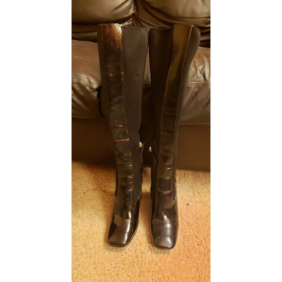 Nine West 40thAnnv Quincy Square Toe Black Leather Stretch Mesh Patent Boots sz6 - Picture 3 of 6